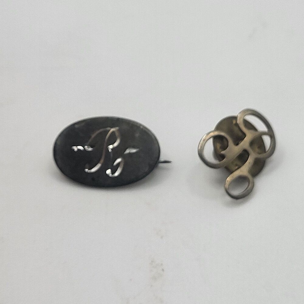 Lot of 2 Monogrammed "R " Pins Silver Oval Engraved Cutwork 1/2in